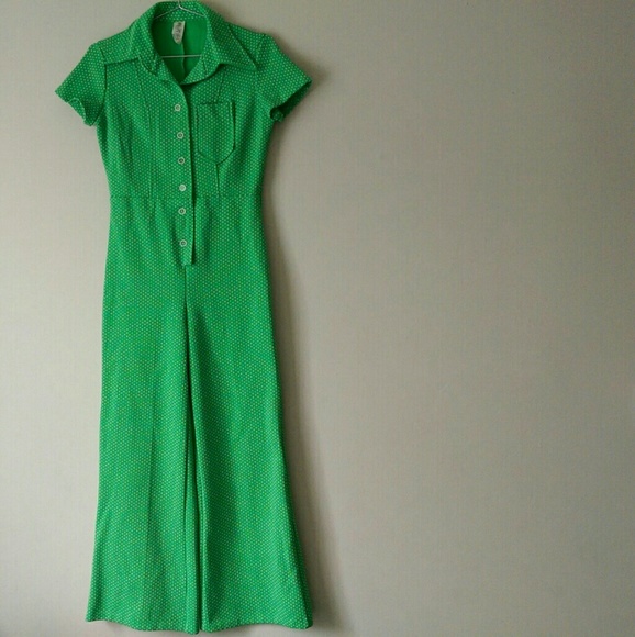 Vintage Pants - SOLD • RARE VTG 70s Green Polka Dot Disco Jumpsuit